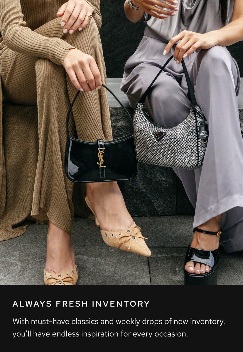 Photo of two women wearing elegant clothes and sitting down, each with a Vivrelle luxe bag in hand. Text below reads: "Always Fresh Inventory: With must-have classics and weekly drops of new inventory, you’ll have endless inspiration for every occasion.”